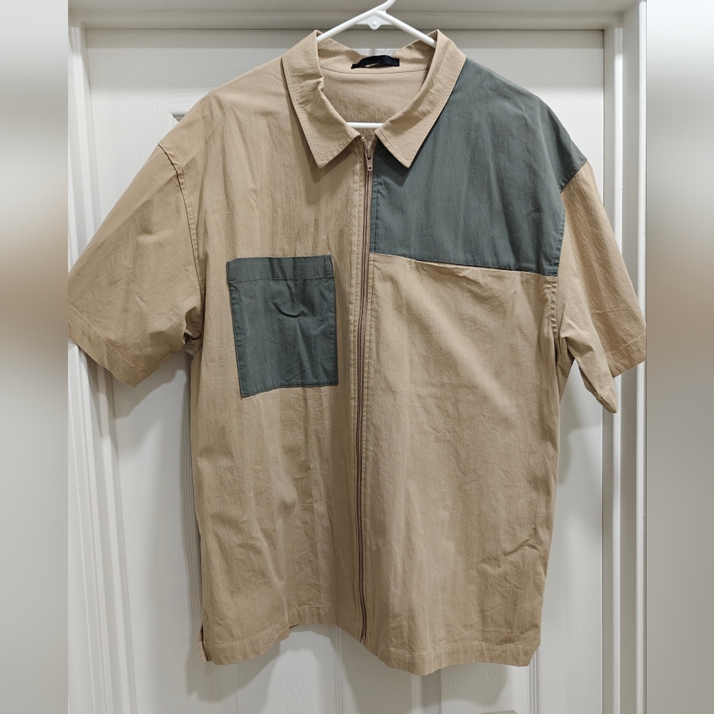 Beige Teal Green Gray Short Sleeve Zip Up Pocket Techincal Oak & Fort Shirt